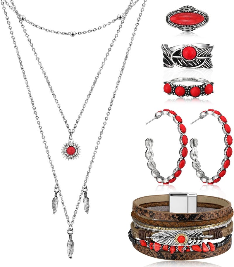 Ecally Store Bohemian Western Jewelry Turquoise Set Women Country Pendant Long Choker Layered Bracelets Earrings Ring for Women - Image 1